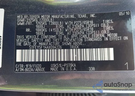 2010 Toyota Tundra Grade 5.7L V8 z USA, uszkodzony, nr VIN 5TFEY5F14AX094226